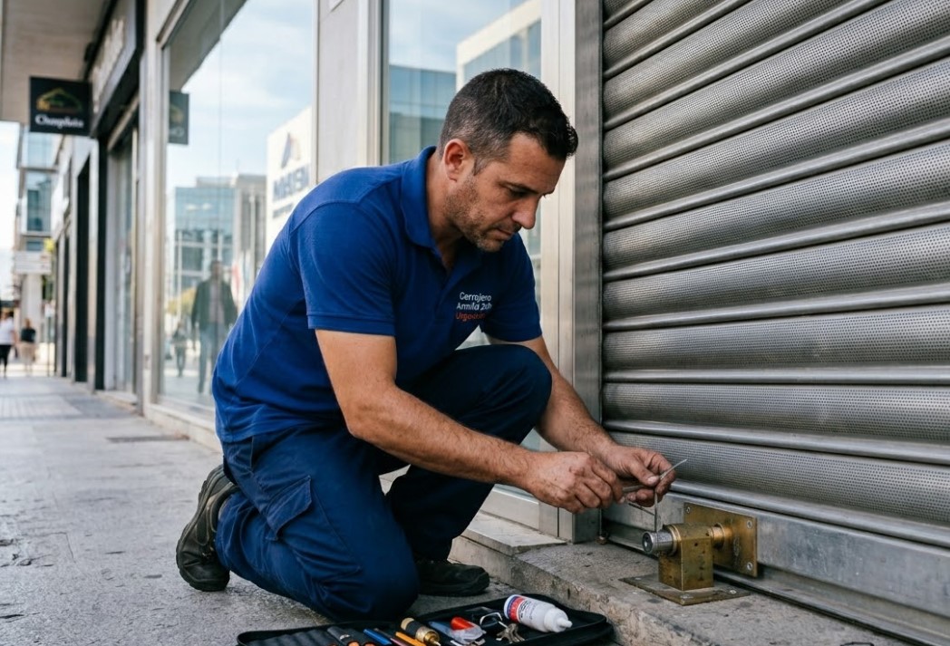 Cerrajero reparando cierre comercial en Armilla